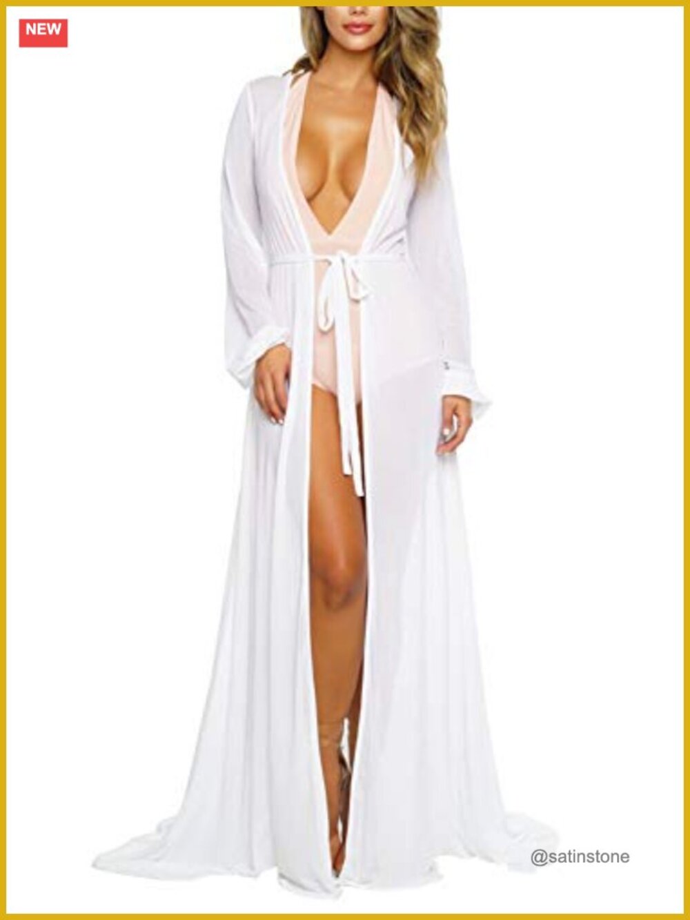 Women's Long Sleeve Sheer Mesh Maxi Swim Cover Up Tie Front Robe